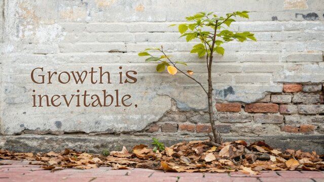 Young tree growing against a weathered brick wall