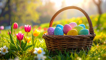 Easter basket with colorful eggs and tulips in a bright spring garden image photo