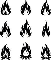 Collection of black flame icons or logos on white background