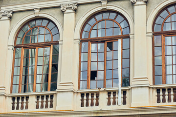 Facade of abandoned hospital building
