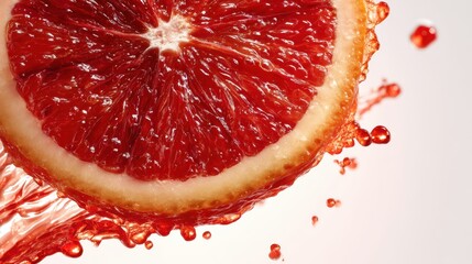 Juicy blood orange slice with glowing pulp and dynamic splash for beverage branding, healthy eating ads, citrus flavor packaging, fresh juice promotion

