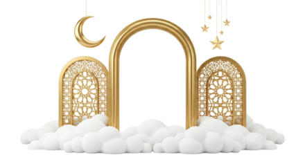 ornamental golden archway with celestial moon and star decorations isolated on transparent