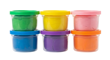 Colorful plastic containers stacked with bright opaque lids on a vibrant black background isolated