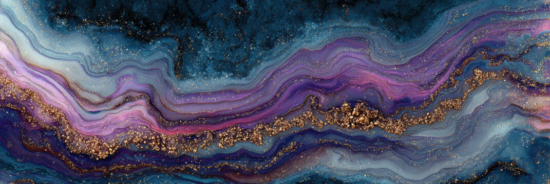 Abstract wavy blue and purple agate stone texture with gold glitter vein offers luxurious nature background with magical flow for design projects