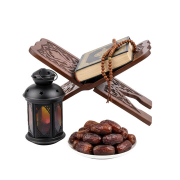ornate wooden prayer stand with religious text angelus rosary beads and dates on a dark background