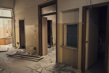 Facade of abandoned hospital building