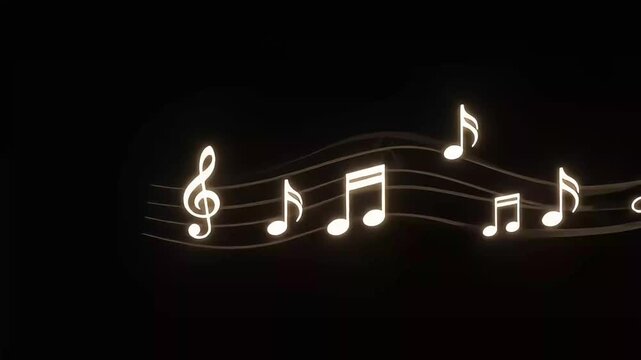 Vibrant musical notes and a treble clef illuminating a deep black background, capturing the abstract energy of sound, harmonious composition, and the universal language of music