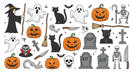 Fototapeta premium Large collection of pixel art halloween icons including pumpkins, ghosts, skeletons, witches, and other spooky characters.
