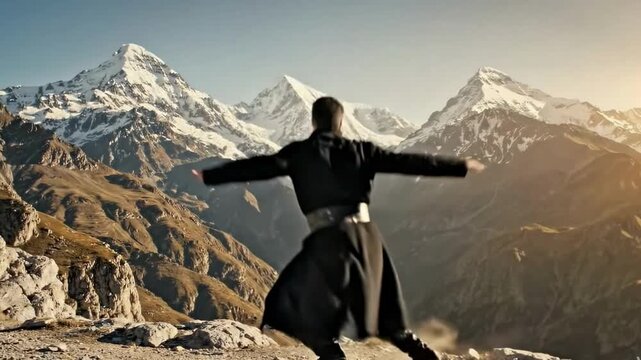 Man in traditional Caucasian Chokha costume performing folk dance on a majestic mountain peak for cultural heritage concept and freedom