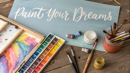 Watercolor art supplies set for painting dreams on wood