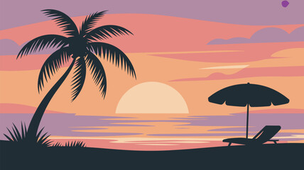 Sunset Beach with Palm Tree Vector Illustration