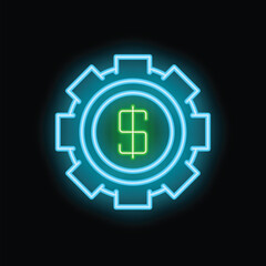 Obraz premium Neon glowing icon of a gear showing dollar currency sign, concept of money making machine