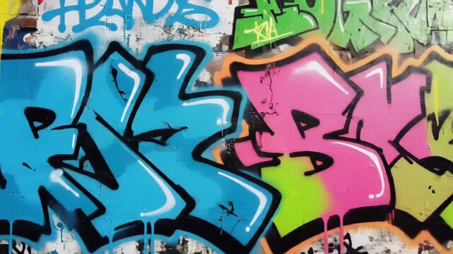 Vibrant graffiti mural with bold blue and pink lettering on a brick wall in an urban alley, showcasing colorful street art.