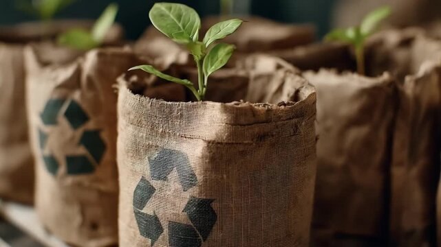 Closeup medium shot showcasing recycled material packaging for saplings emphasizing environmental conservation and waste reduction.