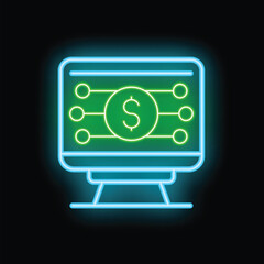 Obraz premium Neon icon of a computer screen displaying a dollar sign connected to nodes, representing online banking and financial technology