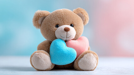 A gift concept for Valentine's Day. A cute teddy bear and plush hearts.