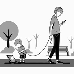 Digital Neglect: Parent on Phone Walking Child on Leash with Tablet