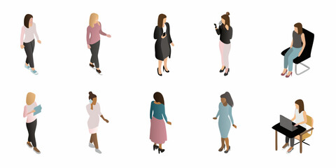 Isometric illustration of diverse women in various poses and everyday activities