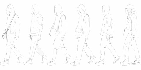 Fashion sketches of individuals wearing hoodies and casual streetwear