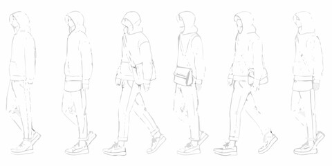 Sketch of a hooded figure in various walking poses side and front views