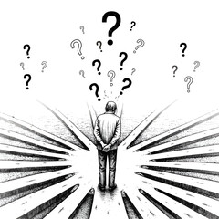 Decision Paralysis: Man Confused by Multiple Paths and Question Marks