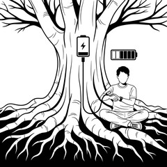 Digital Detox: Man Recharging Energy by Plugging into Tree Roots