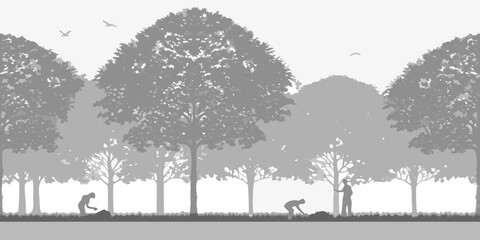 Silhouette of trees and people in a grayscale landscape scene