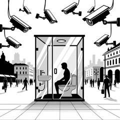 Loss of Privacy: Man on Toilet in Glass Box Surrounded by CCTV Cameras