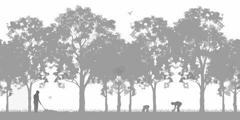 A grayscale landscape depicting trees people and a bird in flight