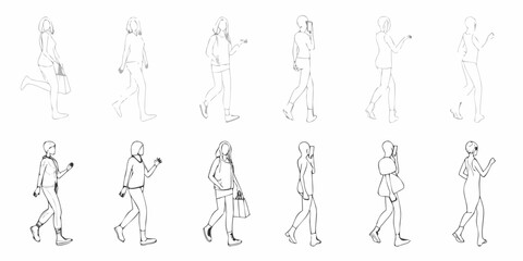 Line art illustration of people walking in various poses and perspectives