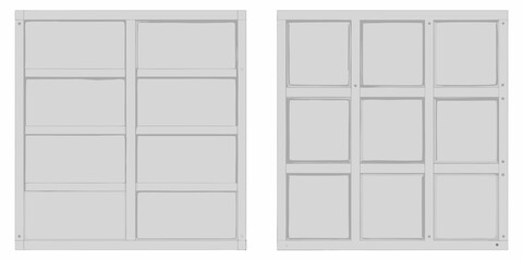 A pair of gray rectangular panel doors with a grid like design