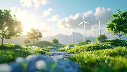 Serene landscape with wind turbines in green hills and blue sky