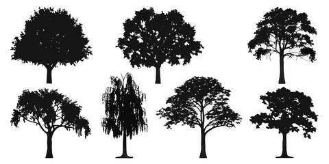 A collection of black silhouette trees of varying shapes and sizes