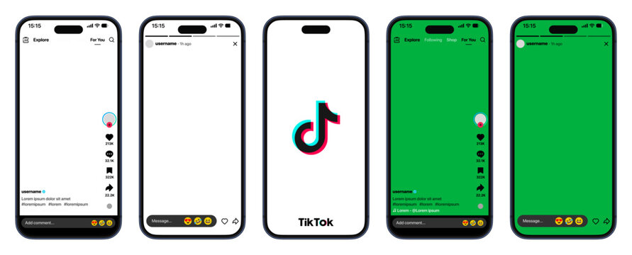 TikTok new update mobile interface on iPhone showing vertical video feed profile messaging camera tools with transparent background and green screen layout