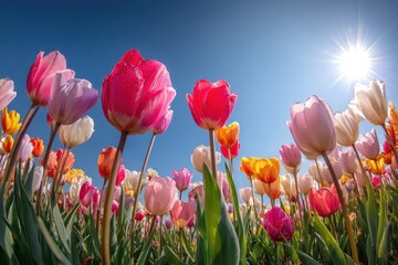 Low angle view of colorful tulip field under clear blue sky with sunburst