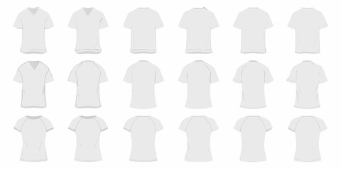 Collection of white t shirts with various necklines and sleeve styles displayed
