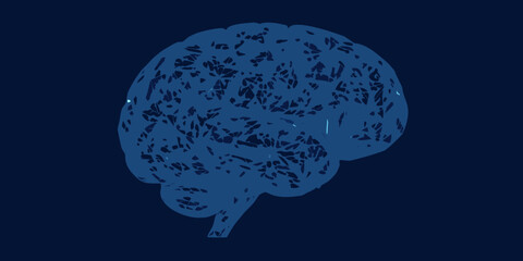 A detailed blue illustration of a human brain silhouette against a dark background
