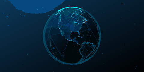 A glowing digital earth illustration set against a dark starry background