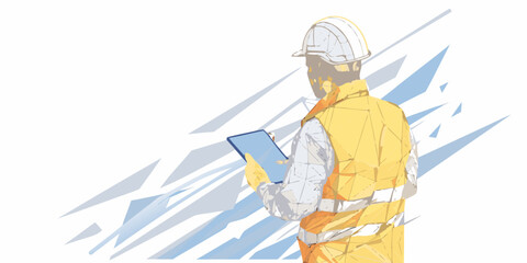 Construction worker inspecting with a digital tablet safety vest and hard hat