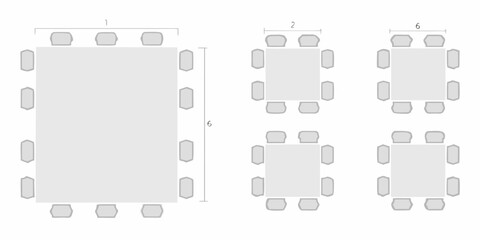Overhead view of rectangular and square table arrangements for dining or meetings