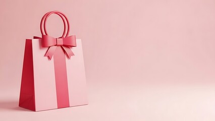 Pink gift bag with ribbon and bow on a pink background