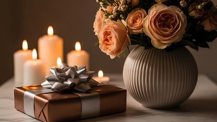 Obraz premium Romantic gift and flower arrangement with candles