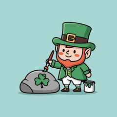Charming Leprechaun Painting a Shamrock on a Rock.