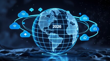 Abstract digital globe with glowing connections and 2026 cloud technology