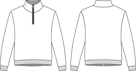 cad drawing flat vector illustration, front and back view half zip sweatshirt with ribbed hem and cuff, fashion technical sketch © Ali