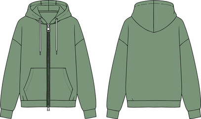 cad drawing flat vector illustration, front and back view zip up hoodie with pocket, fashion technical sketch casual sweatshirt © Ali