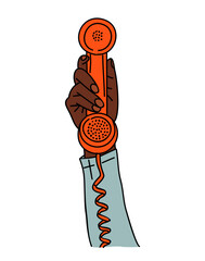 Dark skinned hand holding a retro orange telephone handset with coiled cord. Minimalist vector illustration isolated on transparent background.