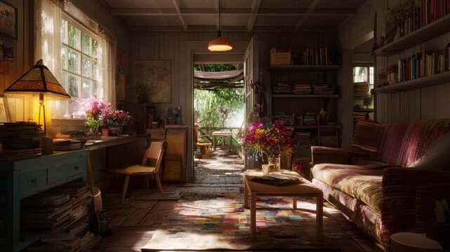 A Captivating Interior Scene Reflecting Warmth and Nature, Featuring a Cozy Living Room with Vibrant Flowers, Sunlight Streaming Through Windows, and a Cheerful Atmosphere.