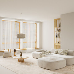 Warm textures and natural materials define this minimal serene interior with generous negative space, soft daylight, and smooth fabrics for calm, modern compositions. 3D illustration