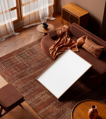 Top-view organic modern mock-up with textured surfaces, natural materials, sculptural forms, and layered textiles arranged to highlight material interplay, composed layout, and warm light